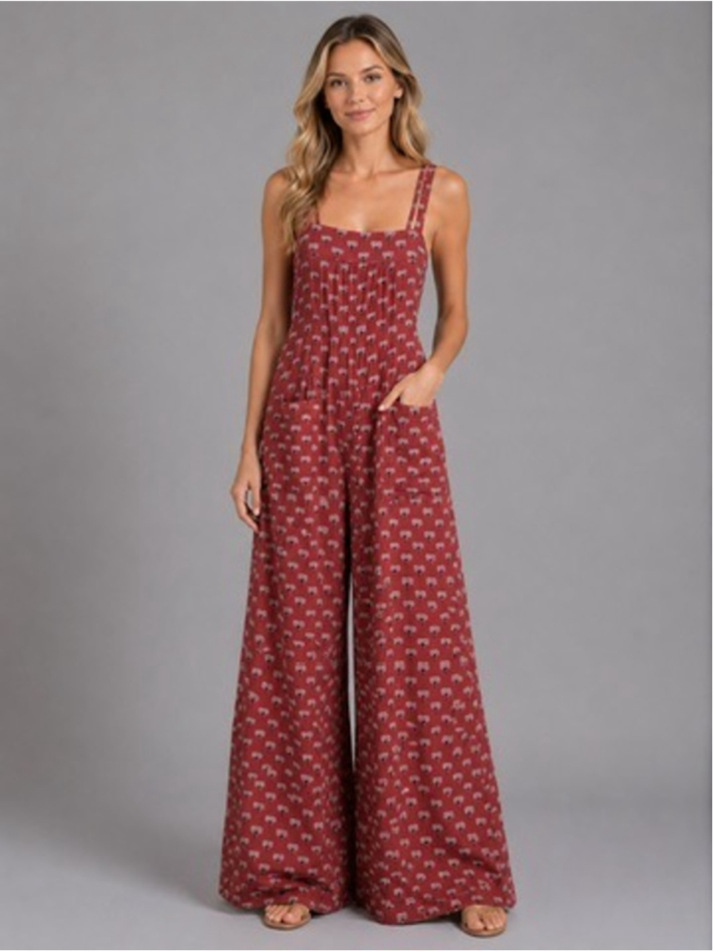 NATURAL LIFE Red Printed Wide-Leg Jumpsuit